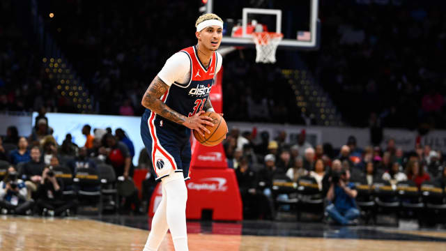 Washington Wizards forward Kyle Kuzma (33) looks on against the Atlanta Hawks during the second half at Capital One Arena. Mandatory Credit